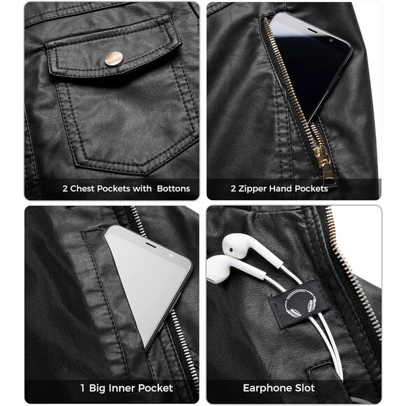 Wantdo Women Black-1 Motorcycle Short PU Faux Leather Jacket with Removable Hood - Picture 6 of 7